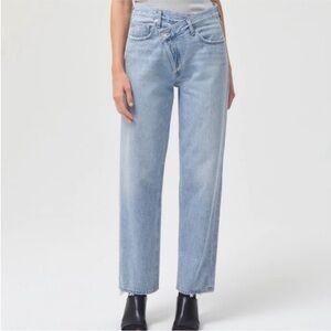 Agolde Mid Wash Criss Cross Cropped Raw Hem Straight Wide Leg Jeans Size 28 EUC